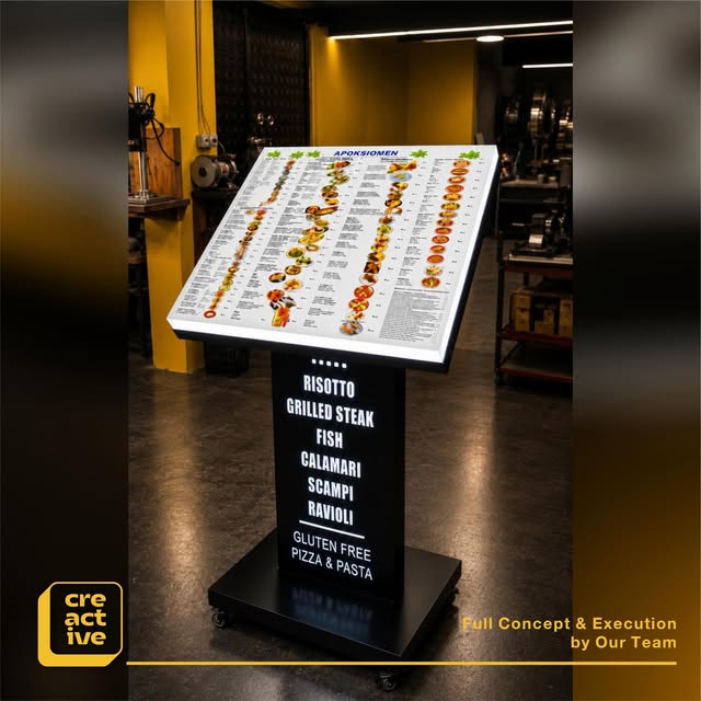 Illuminated menu stand for a restaurant