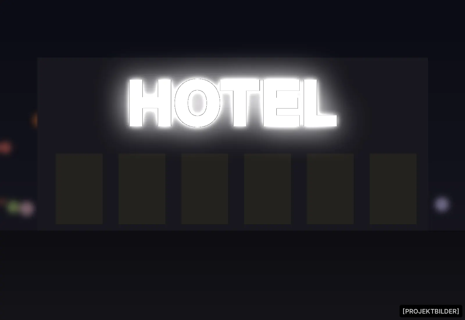 Hotel sign glowing cyan on a facade
