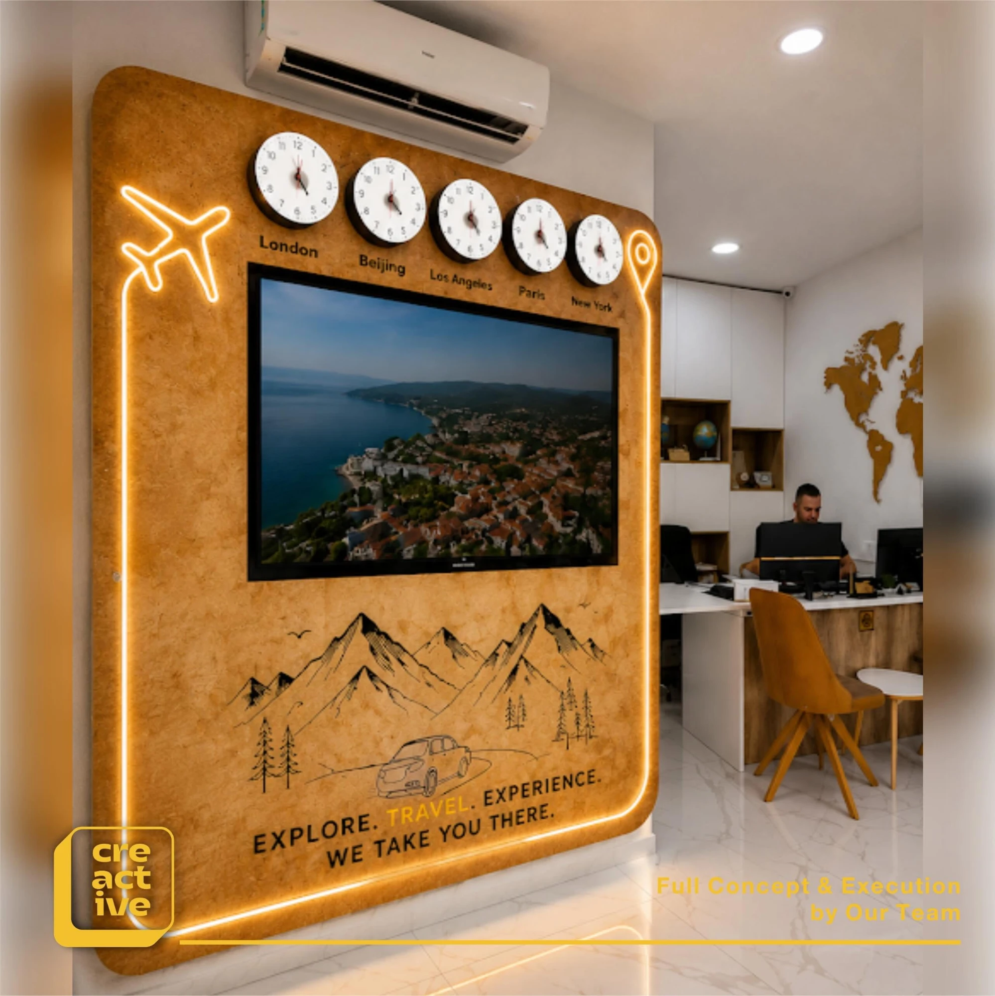 Travel wall with neon, world clocks and screen for Aloe Rent