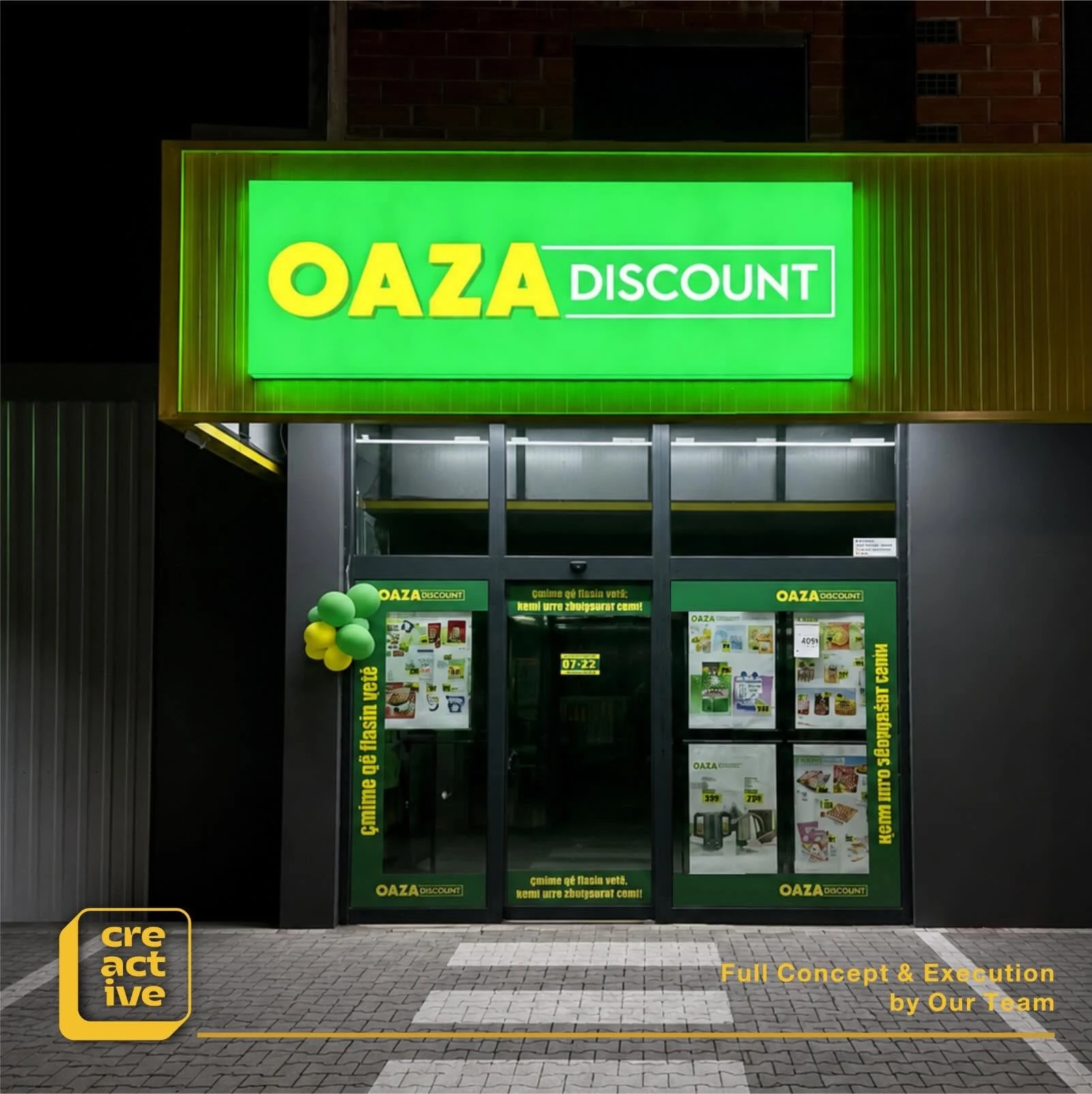 Illuminated sign and window film for OAZA Discount