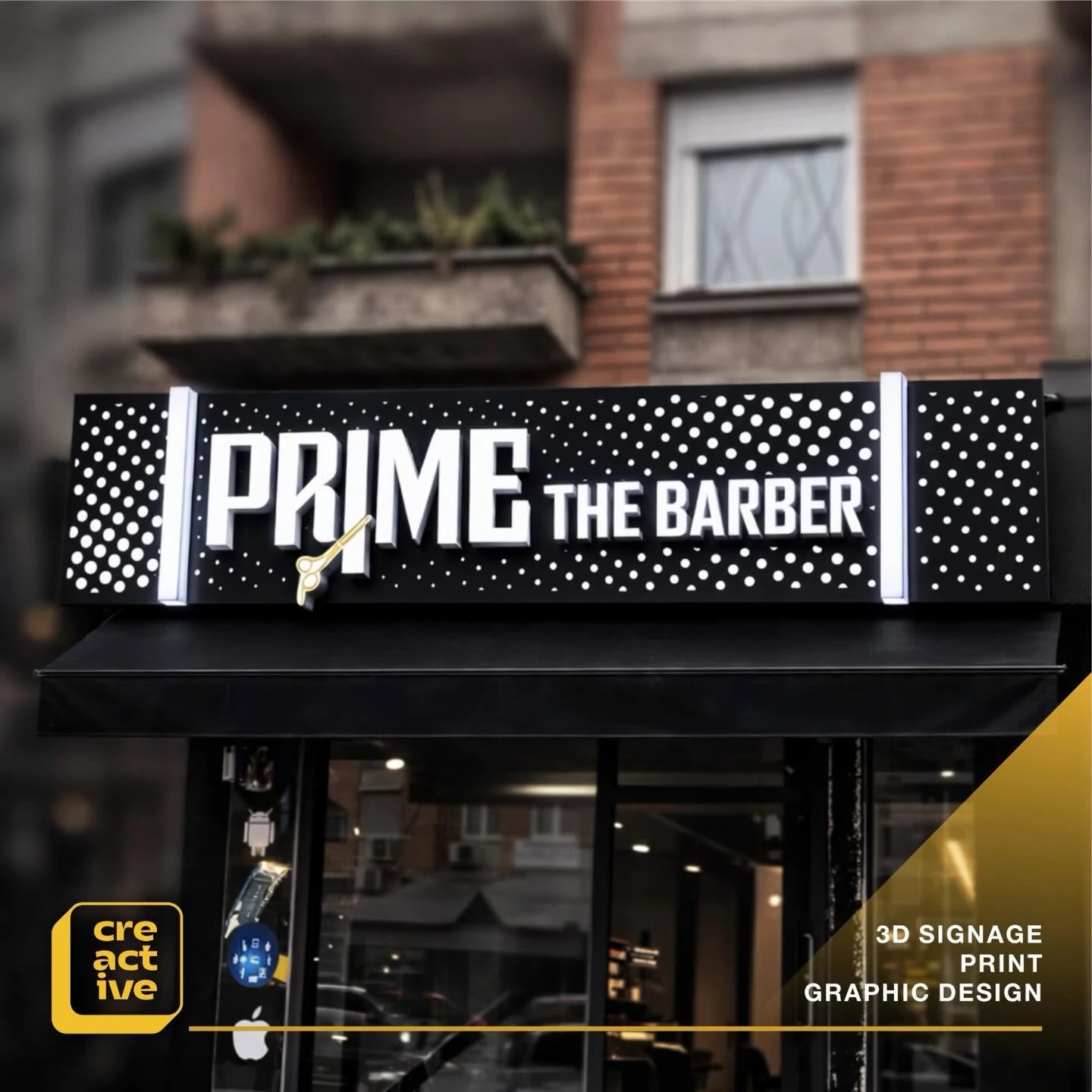 Sign with 3D letters and perforated panel for Prime The Barber