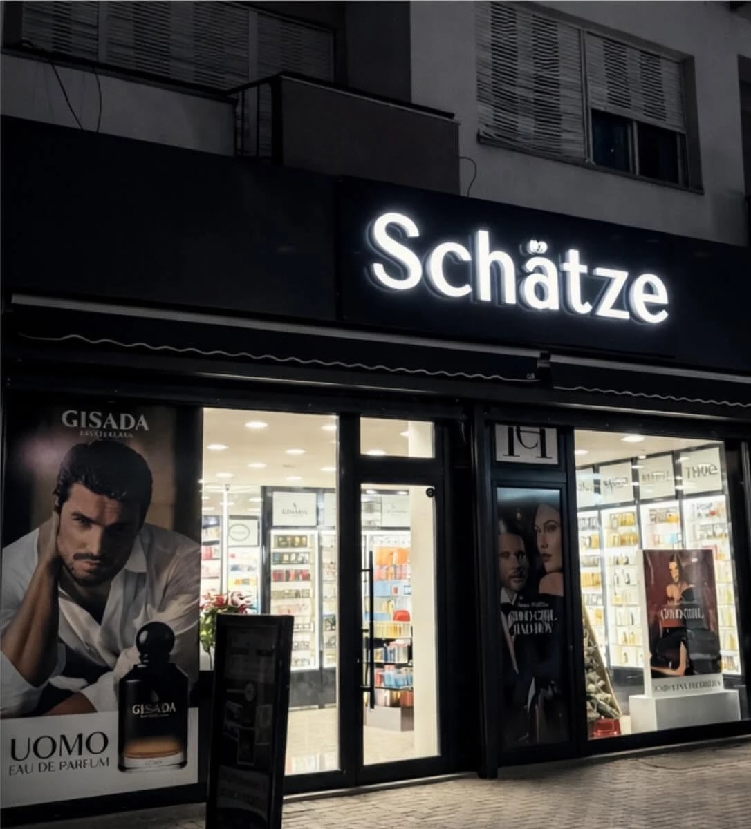 The Schätze store façade with illuminated 3D lettering at night