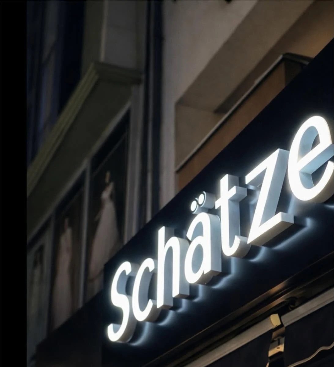 The illuminated 3D lettering “Schätze”