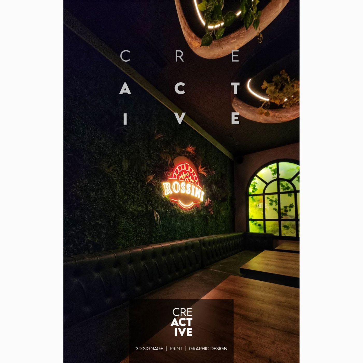 Rossini – Neon logo on a green wall