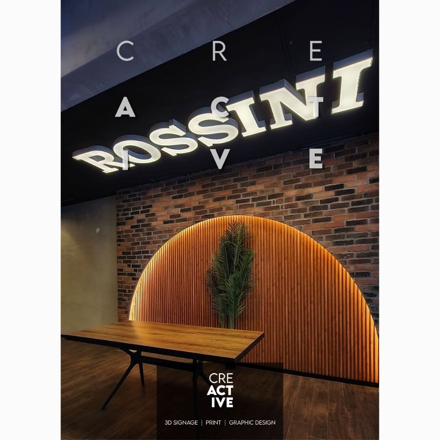 Rossini – 3D lettering “ROSSINI” and arched wall with LED